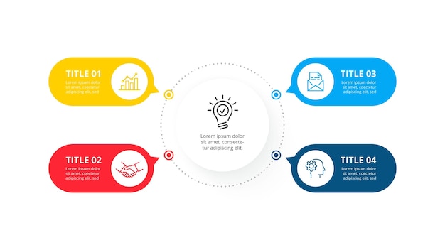 PSD organigramme infographique avec 4 éléments arrondis concept de quatre étapes de projet d'entreprise