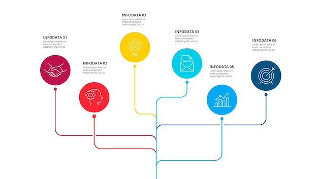 Organigramme Infographique Avec 6 Cercles Connectés Avec Une Ligne Mince Modèle De Conception Infographique Simple