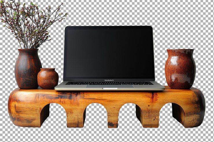 PSD un organizador de escritorio de madera rústico adornado con plantas en maceta y una computadora portátil en un espacio de trabajo minimalista