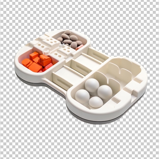 PSD un organizador de pastillas impreso en 3d personalizable con compartimentos para diferentes medicamentos sobre un fondo blanco