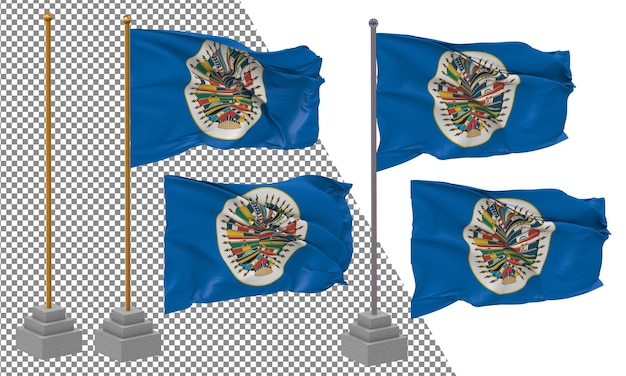 Organization of American States Flag Waving Different Style With Stand Pole Isolated 3D Rendering