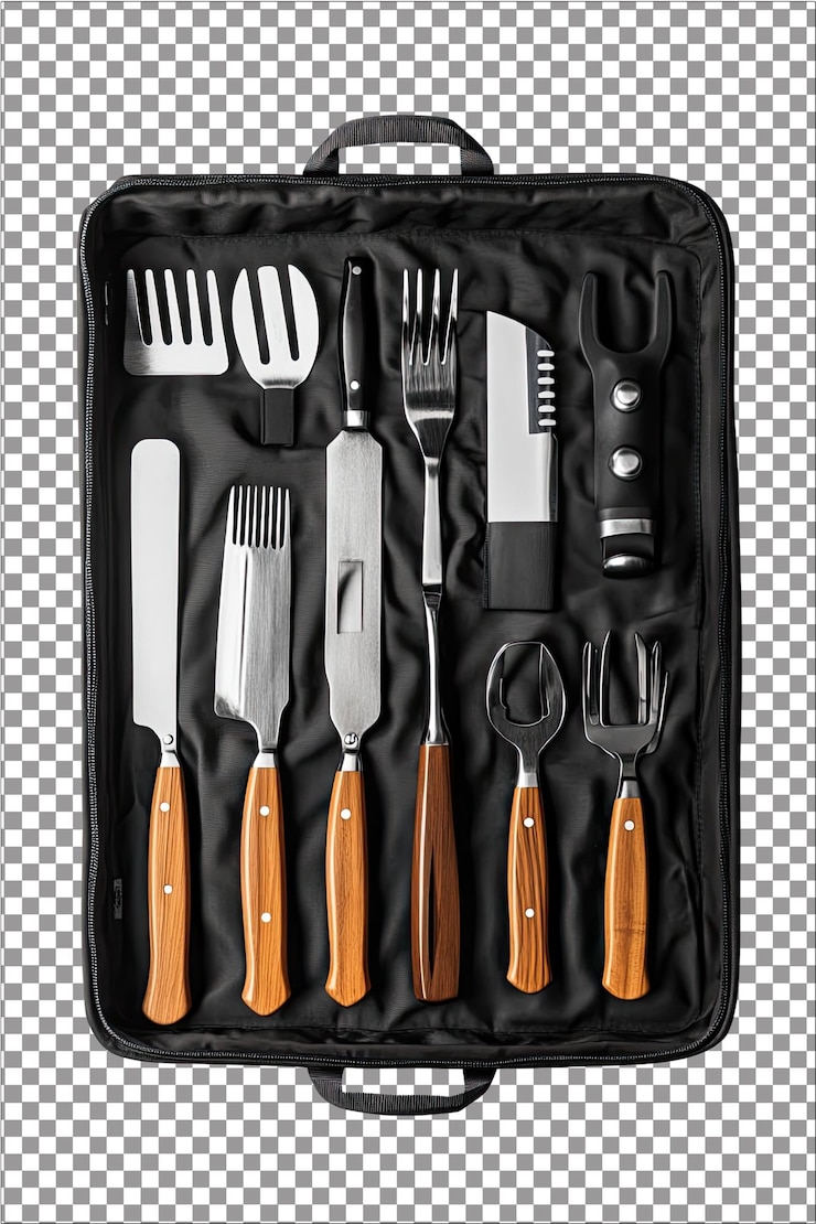 PSD organizzatore di attrezzi per barbecue mantiene gli attrezzi per la griglia ben disposti iperrealistico isolato bianco semplice transp