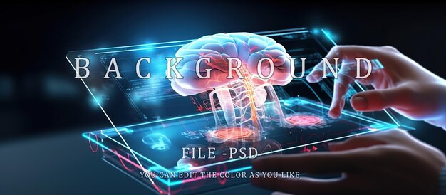 Órgão do cérebro sobre tablet digital sobre médicos hud futuristas mão
