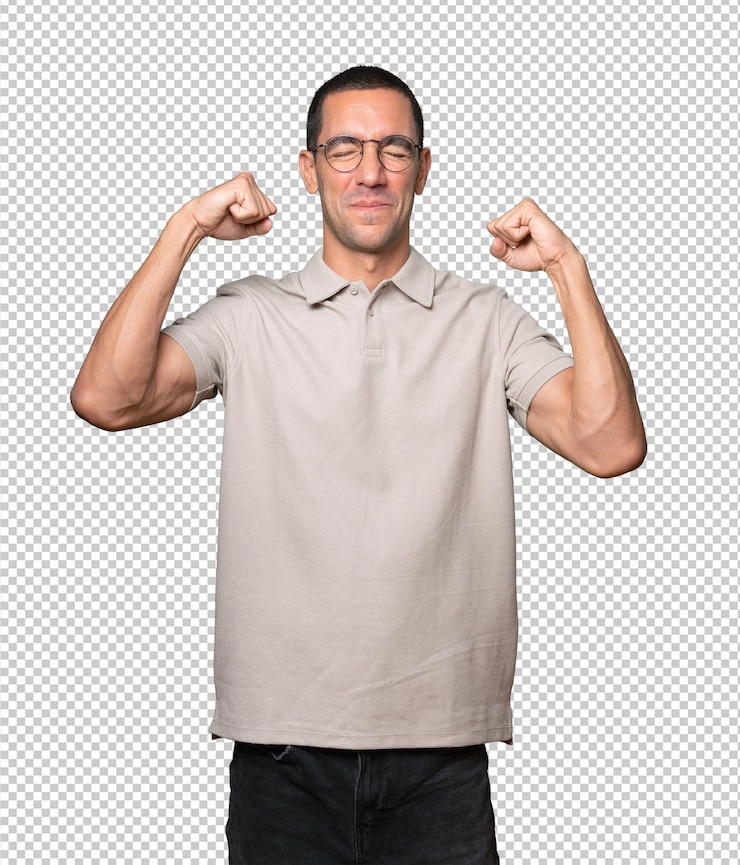 PSD orgulloso joven haciendo un gesto de fuerza con su brazo