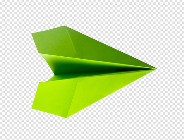 PSD origami de avión de papel verde aislado en un fondo blanco
