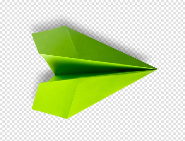 PSD origami de avión de papel verde aislado en un fondo blanco