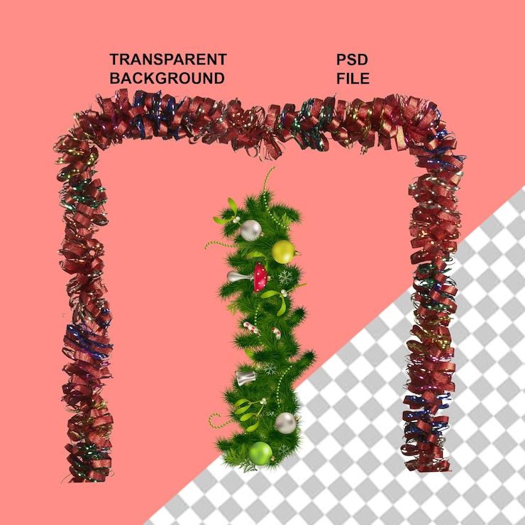 PSD ornamentación navideña y árbol de navidad con fondo aislado transparente