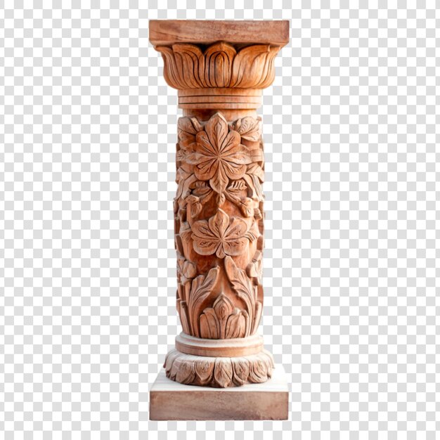 Ornamentada columna de madera tallada con diseños intrincados en un fondo transparente