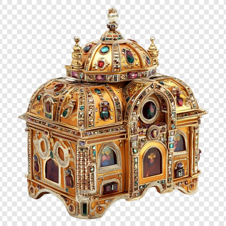 PSD ornamentada con joyas caja de reliquias dorada opulento tesoro religioso exquisita artesanía impresionante detalle