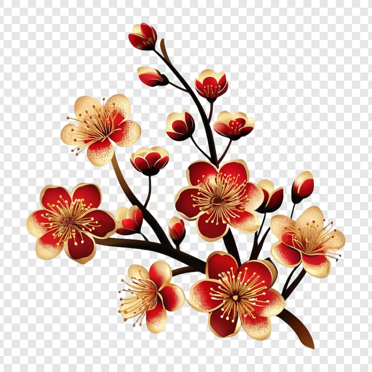PSD ornamentada rama decorativa de flores en rojo y crema