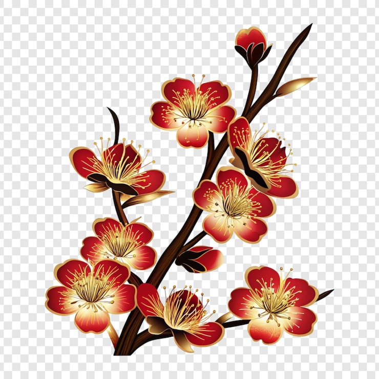 PSD ornamentada rama decorativa de flores en rojo y crema