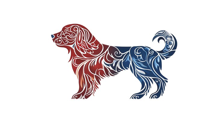 PSD ornamentada silhueta de cão vermelho e azul design canino artístico