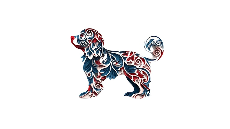 PSD ornamentada silueta floral de perro diseño canino elegante en rojo blanco y azul