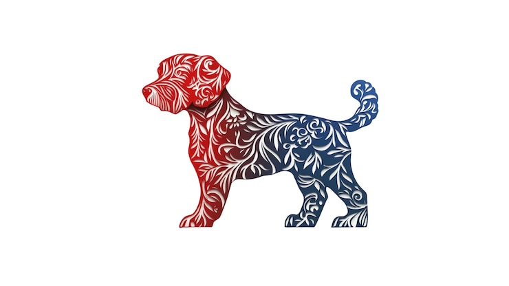PSD ornamentada silueta de perro diseño floral rojo blanco y azul