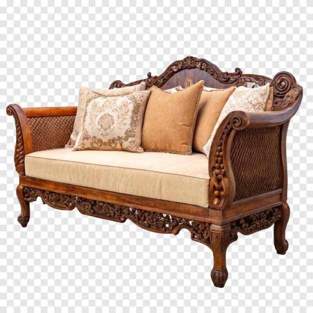Ornamentado sofá de madera con almohadas vista completa aislada sobre un fondo blanco transparente