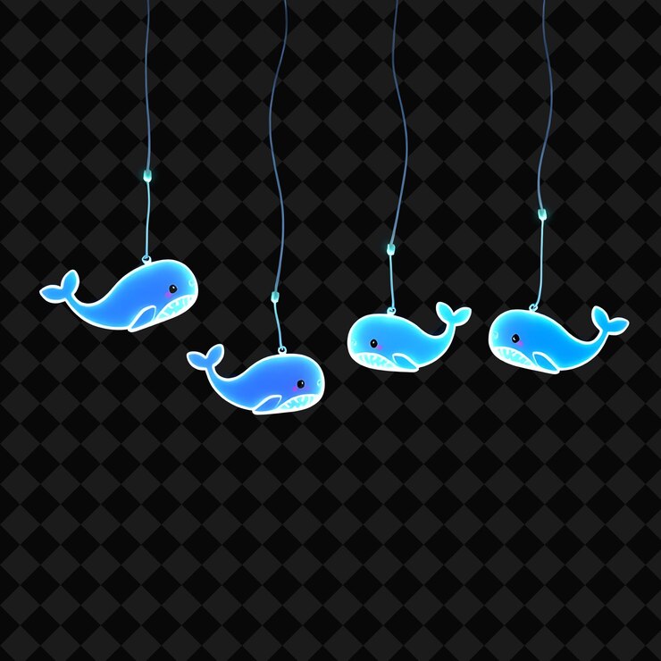 PSD ornamental cuerda kawaii ballenas y olas ondas de neón viajan por la cuerda un advenimiento submarino