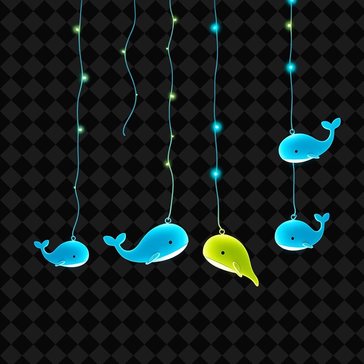 PSD ornamental cuerda kawaii ballenas y olas ondas de neón viajan por la cuerda un advenimiento submarino