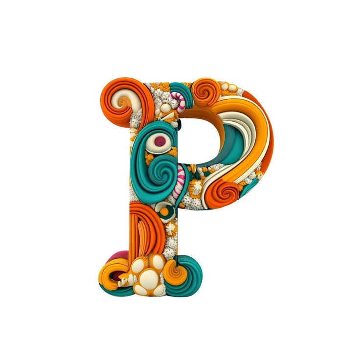 PSD ornamento 3d de la letra p remolinos coloridos y diseño floral