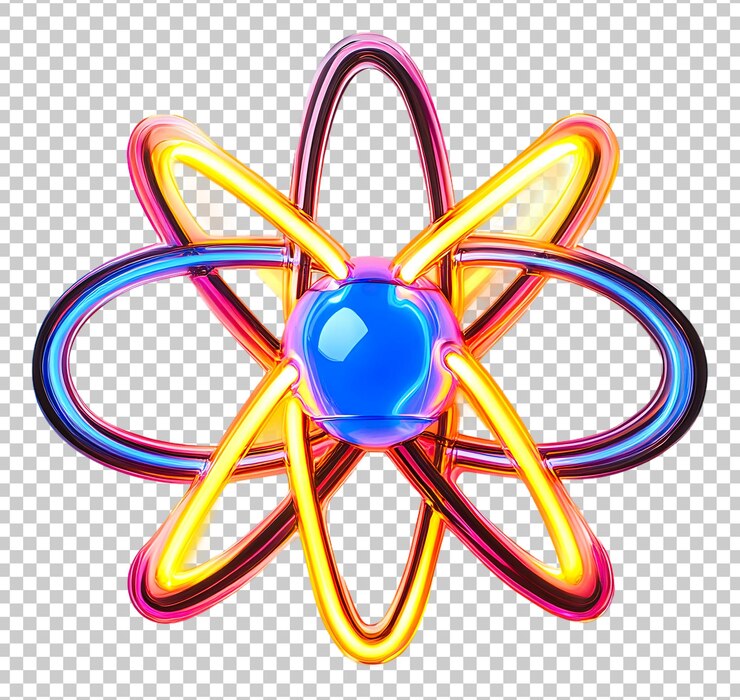 PSD ornamento de modelo atômico colorido com anéis brilhantes isolados em fundo transparente
