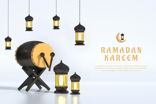 Ornamento de ramadã islâmico 3D realista com lanterna e tambor tradicional