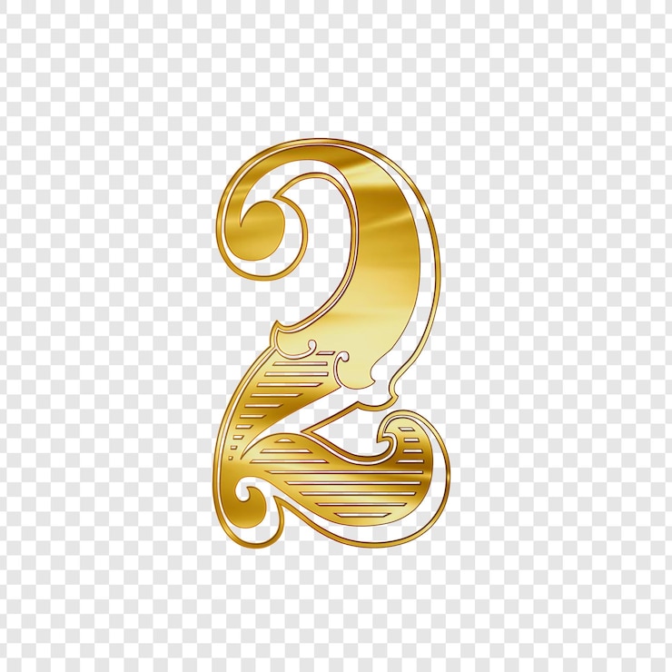 PSD ornamento dorato numero due isolato su uno sfondo trasparente