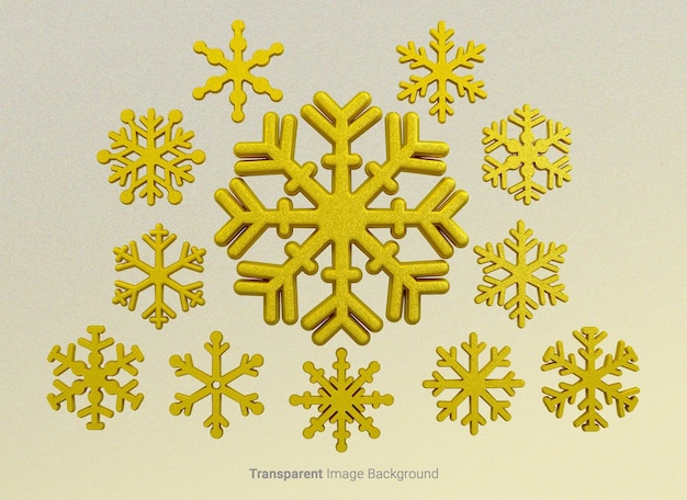 Ornamento navideño de copos de nieve de oro en 3D con un fondo de imagen transparente aislado
