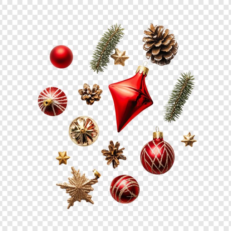 PSD ornamentos de natal vermelhos e dourados cones de pinheiros e estrelas decorações festivas