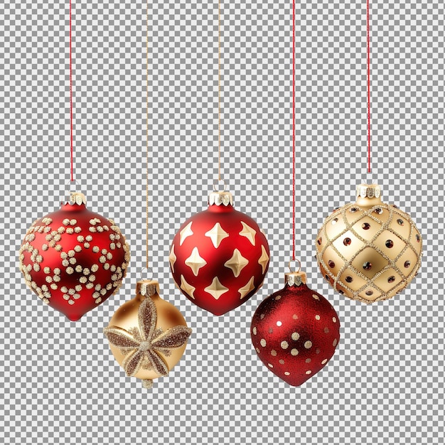 PSD ornamentos de navidad colgados en fondo blanco de color rojo y dorado