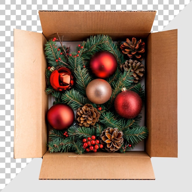 Ornamentos de Navidad y piñones en una caja de cartón