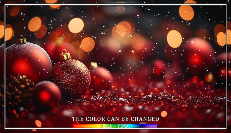 PSD ornamentos navideños rojos con brillo y luces bokeh en el fondo