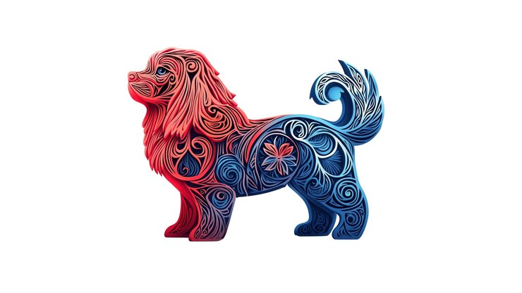 PSD ornato cavalier king charles spaniel disegno di cane floreale rosso e blu