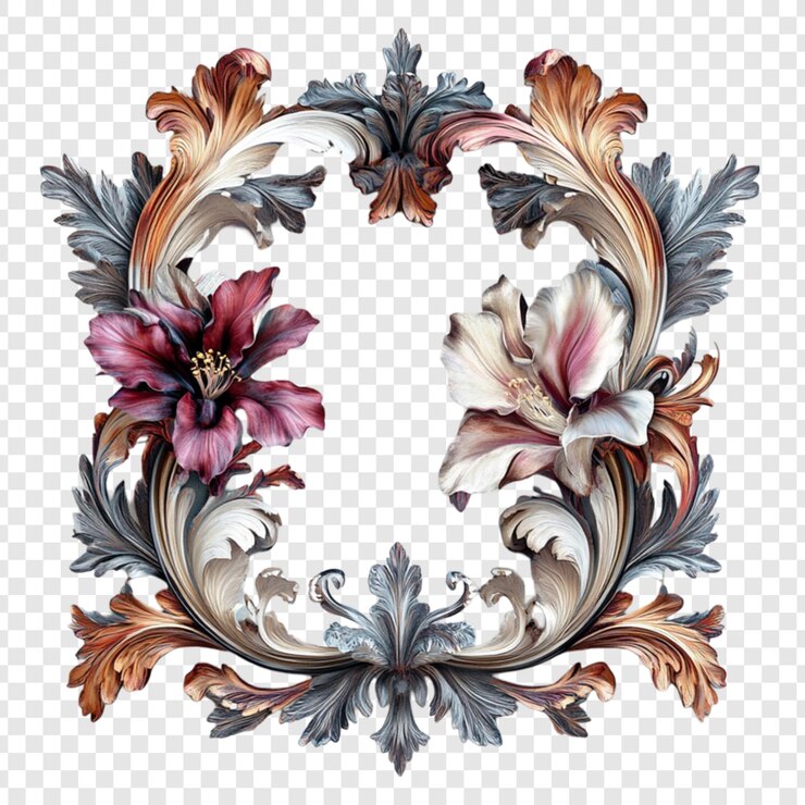 PSD ornato disegno di cornice floreale con foglie e fiori vorticosi in sfumature di grigio marrone e rosa un bellissimo elemento decorativo per progetti di progettazione