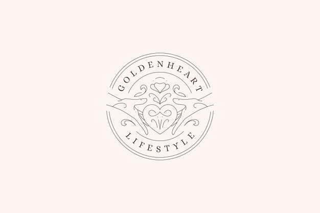 Ornement de cœur d'amour dans les mains humaines cercle minimal ligne vintage modèle de conception de logo