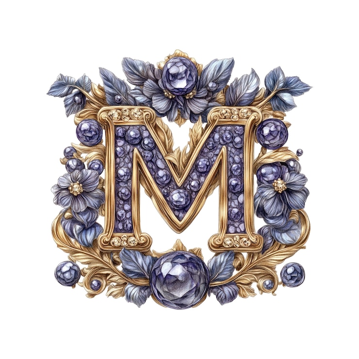 PSD ornement de la lettre m avec des décorations florales et des pierres précieuses