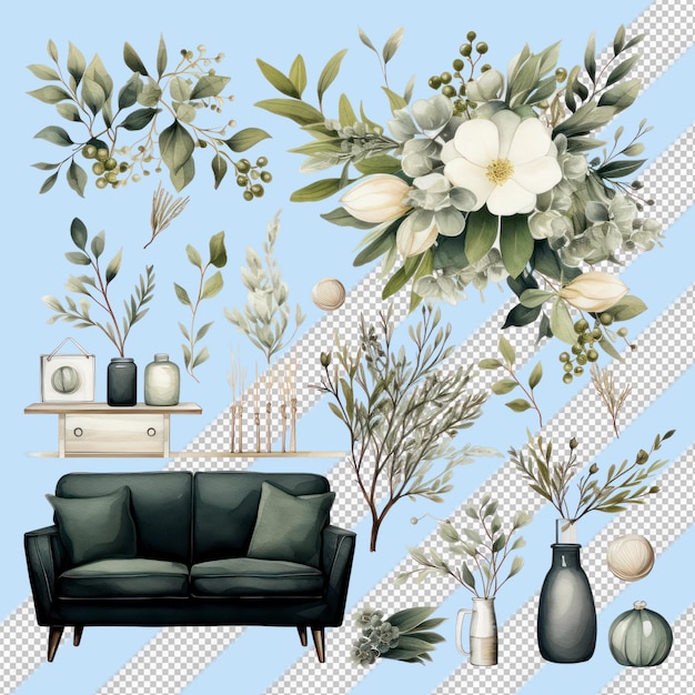 Ornements De Mariage à L'aquarelle Scandinaves Avec Des Feuilles Et Des Fleurs Blanches Sur Un Fond Transparent