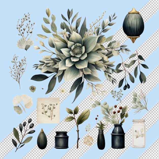 PSD ornements de mariage à l'aquarelle scandinaves avec des feuilles et des fleurs blanches sur un fond transparent