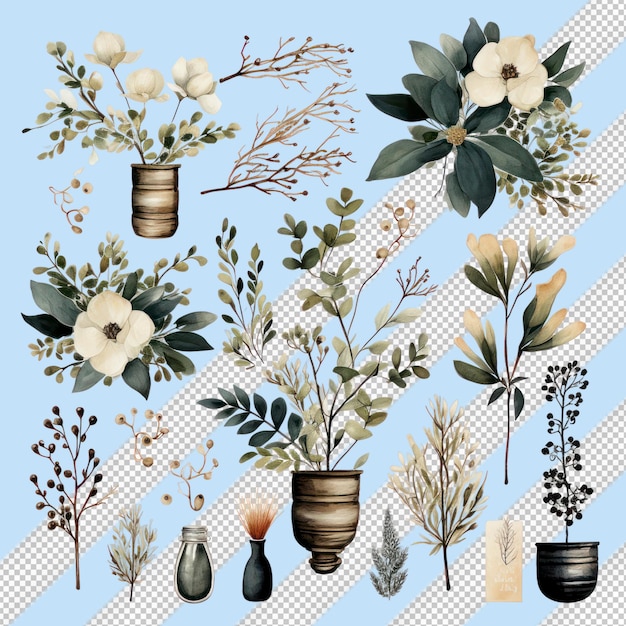 PSD ornements de mariage à l'aquarelle scandinaves avec des feuilles et des fleurs blanches sur un fond transparent