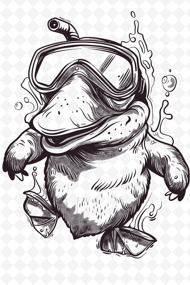 PSD el ornitorrinco con un snorkel y una expresión lúdica cartel de animales desi colecciones de arte vectorial de bocetos