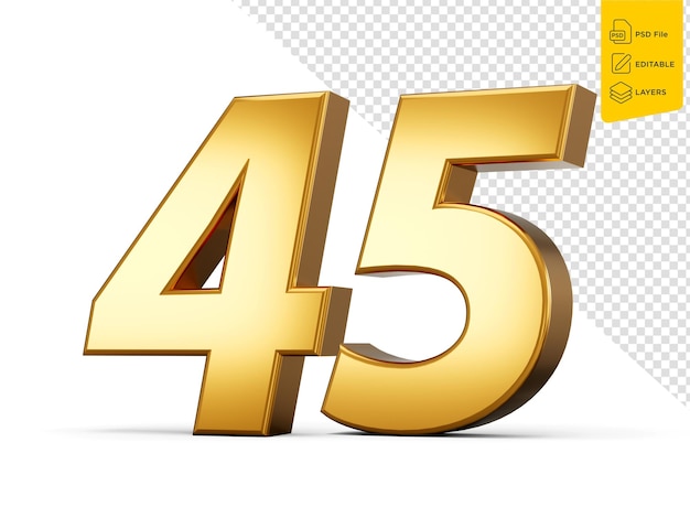 Oro metálico Número 45 cuarenta y cinco Fondo blanco Ilustración 3D