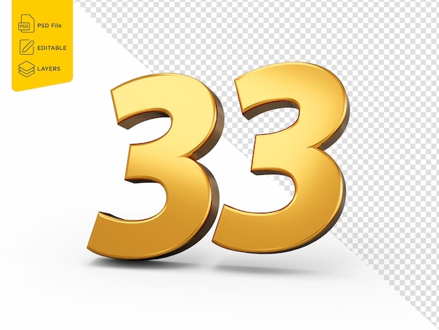 Oro número 33 treinta y tres sobre fondo blanco brillante 3d número 33 hecho de oro ilustración 3d