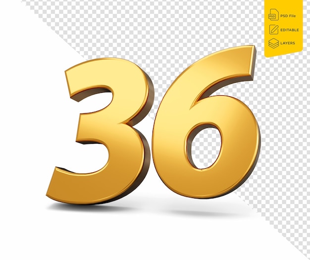 Oro número 36 treinta y seis sobre fondo aislado brillante 3d número 36 hecho de oro ilustración 3d