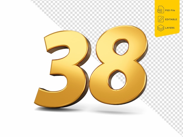 Oro número 38 treinta y ocho sobre fondo aislado brillante 3d número 38 hecho de oro ilustración 3d