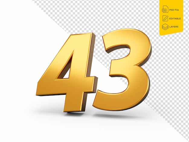 Oro número 43 Cuarenta y tres sobre fondo aislado brillante 3d número 43 hecho de oro ilustración 3d