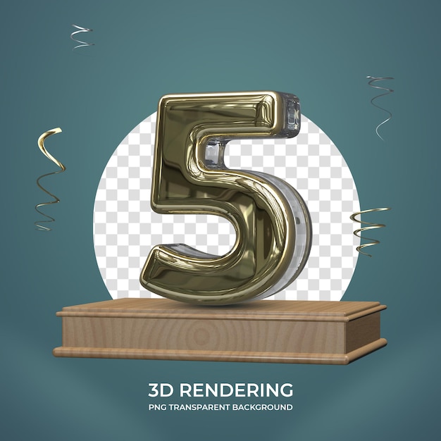Oro número 5 en el escenario 3d render fondo transparente