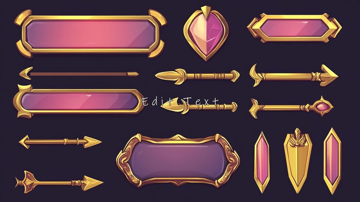 PSD oro y rosa elementos de la interfaz de usuario del juego banderas flechas gemas