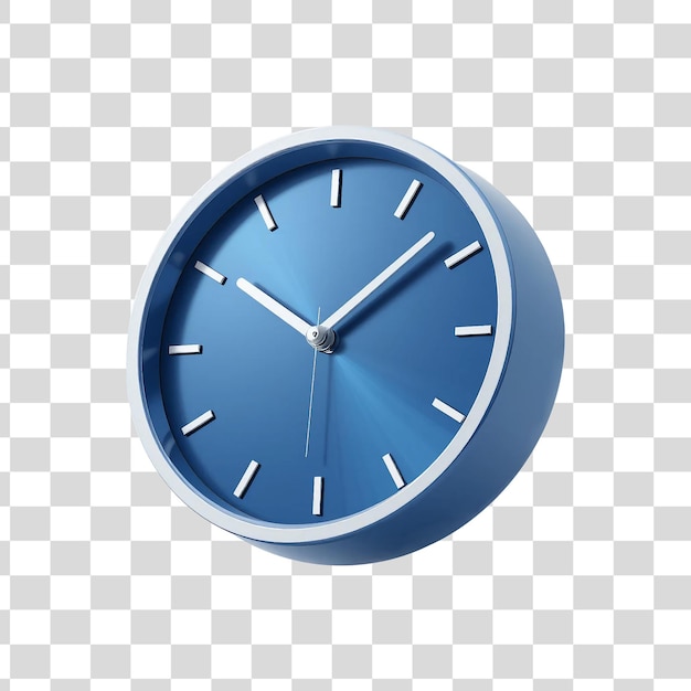 Orologio da parete blu con mani e marcatori bianchi su uno sfondo trasparente