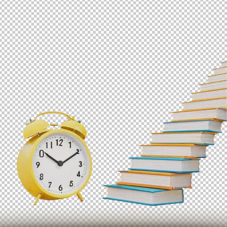 PSD orologio da sveglia giallo con concetto di istruzione libro pila scala per il vostro disegno modello