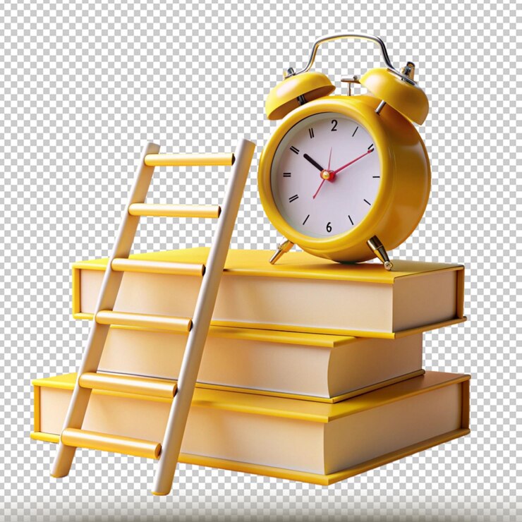 PSD orologio da sveglia giallo con concetto di istruzione libro pila scala per il vostro disegno modello