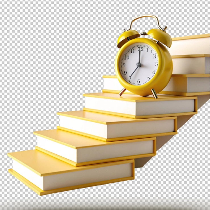 PSD orologio da sveglia giallo con concetto di istruzione libro pila scala per il vostro disegno modello