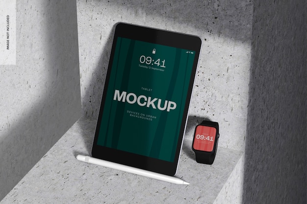 Orologio intelligente con mini-mockup per tablet, inclinato